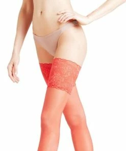 FALKE Seidenglatt Stay Up Kousen Hold-up Kousen Zonder Patroon Transparant Scheurvast Dun Met Kant En Siliconen Band Ultra Sheer 15 Denier Rood Dames Kousen - Maat 10.5-11