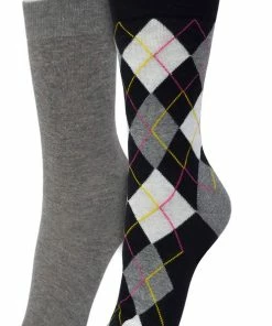 Bonnie Doon Dames Sokken Set Zwart Maat 36/42 - 2 Paar - Effen En Geruit - Gladde Naden - Brede Boord - Uitstekend Draagcomfort - Perfecte Pasvorm - 2-pack - Multipack - Effen - Argyle - Grijs - Black - OL211122