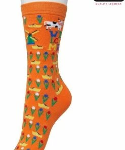 Bonnie Doon Dames Sokken Met Klompen Print Maat 36/42 Oranje - Thema Sokken - Nederland - Holland - Souvenir - Cadeau Sokken - Zacht Katoen Met Gladde Teennaad - Comfortabel - Perfect Cadeau - Celosia Orange - BT991123.1