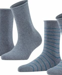 FALKE Happy Stripe 2-Pack Zacht Met Motief Versterkt Hoogwaardig Mid-rise Robuust Ademend Dekkend Set Kort Gestreept Katoen Multipack Grijs Dames Sokken - Maat 35-38