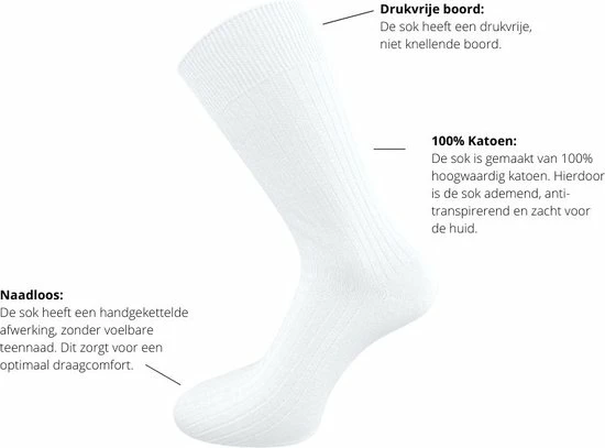 SQOTTON 10 Paar Sokken - Rib - 100% Katoen - Naadloos - Niet Knellende Sokken - Wit - Maat 47-50 2 SQOTTON 10 Paar Sokken - Rib - 100% Katoen - Naadloos - Niet Knellende Sokken - Wit - Maat 47-50 - Afbeelding 2