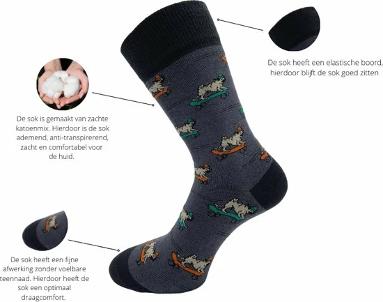 SQOTTON - Naadloze Sokken - Skate Mops - Maat 41-46 2 SQOTTON - Naadloze Sokken - Skate Mops - Maat 41-46 - Afbeelding 2