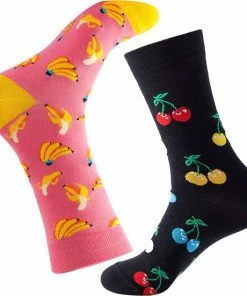 Merkloos Sokken - 2 Paar - Bananen - Kersen - Roze - Zwart - Maat 37-44