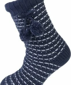 Merkloos Koukleum Huissokken - Dames - Pompom - Marine Blauw/zilver - Maat 36/42