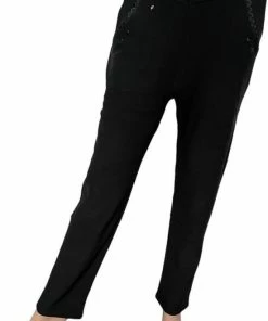 Merkloos Legging- Grote Maten Dames Leggings Broek- Legging Broek Met Kant En Siersteen 2219- Zwart- Maat L/XL